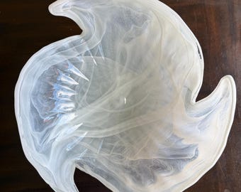 Große mundgeblasene Glas Weiß Murano Swirl Muster Dekorative Schüssel Made In Italien. 31 cm