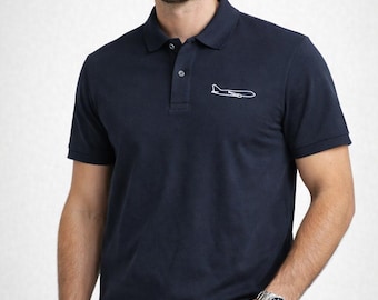 Schwarzes, besticktes Flugzeug Poloshirt Herren, Flugzeug Polo aus Bio-Baumwolle, Pilotengeschenk, Luftfahrt Shirt