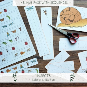 May include: An educational activity set for children, featuring insect-themed cutting and pasting exercises. Includes printed sheets with insects, cutting guides, and scissors. The image text reads "INSECTS Scissor Skills Fun" and "+ BONUS PAGE WITH SEQUENCES".