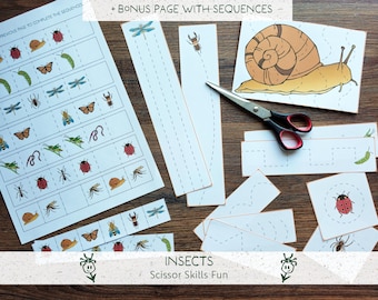 Insect Scissor Skills Printable - Cutting Practice for Toddlers,  Cutting Strips Worksheet, Fine Motor, Montessori Spring (instant download)