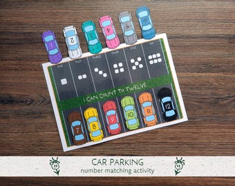 Car Parking Number Recognition Printable  - Toddler Learning Activity, counting practice, fine motor skills (Busy Book, printable PDF)