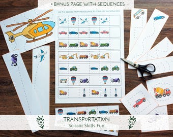 Vehicle Scissor Skills Printable - Cutting Practice for Toddlers,  Cutting Strips Worksheet, Fine Motor, Montessori (instant download)