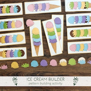 May include: Wooden ice cream builder pattern building activity set. The set includes multiple ice cream cones with colorful scoops of ice cream, and individual scoops in various colors. The text "ICE CREAM BUILDER pattern building activity" is at the bottom.