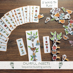 May include: A wooden table displays a sequence building activity with colorful insect illustrations. The set includes cards with insect images, cut-out insects, and the text "2 Ways to Play" and "Colorful Insects Sequence building activity".
