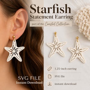 Könnte beinhalten: Cremefarbene Statement-Ohrringe in Form von Seesternen mit goldfarbenen Pfosten. Die Ohrringe sind 3,18 cm groß und Teil der Coastal Collection. Das Design umfasst ausgeschnittene Details und gepunktete Akzente. Der Text "SVG FILE Instant Download" ist ebenfalls enthalten.