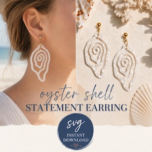 May include: White oyster shell statement earrings with gold-colored posts. The earrings have a swirling design and are shown on a light background with seashells. The text "oyster shell STATEMENT EARRING" is also visible.