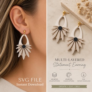 Pode incluir: Brincos statement multicamadas cor creme com um centro preto e pinos dourados. Os brincos têm um design floral e são mostrados em uma orelha e também em um fundo neutro. A imagem também inclui o texto "SVG FILE Instant Download".