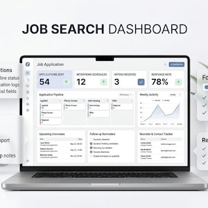 May include: A laptop displaying a job search dashboard with the text "JOB SEARCH DASHBOARD". The screen shows application tracking, interview management, and recruiter contact information. The dashboard displays key metrics like applications sent and response rate.