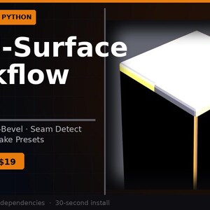 Può includere: Grafica promozionale per un add-on di Blender chiamato "Hard-Surface Workflow Pro". L'immagine presenta un cubo 3D con una parte superiore bianca e lati neri, e testo che dettaglia funzionalità come UV Unwrap e Auto-Bevel. Il testo menziona anche le versioni di Blender 3.6-4.4.