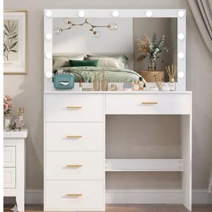 Tocador blanco con espejo estilo Hollywood e iluminación LED, escritorio de maquillaje con cajones, moderno tocador de belleza, tocador glamuroso para dormitorio con almacenamiento.
