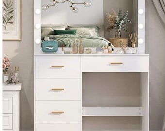 Coiffeuse blanche avec éclairage miroir hollywoodien, bureau de maquillage LED avec tiroirs, bureau de maquillage beauté moderne, vanité glamour de chambre avec rangement