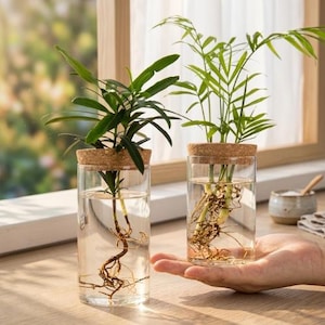 May include: Two glass vases with plants. Each vase has a cork lid and contains water and a small plant. The plants have green leaves and visible roots. The vases are on a wooden surface near a window.