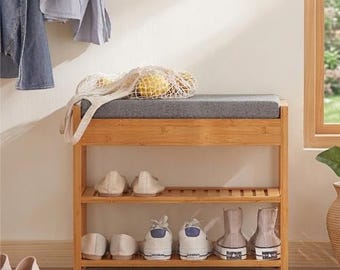 Banco zapatero de bambú con asiento acolchado, zapatero de entrada con estantes de almacenamiento y cajón, organizador de banco de madera para pasillo