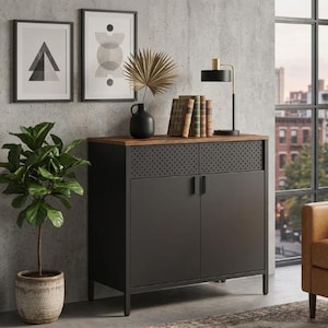 Può includere: Un mobile nero con una parte superiore perforata e due ante, con una superficie in legno. Il mobile è posto contro un muro di cemento con opere d'arte incorniciate e una pianta in vaso. Una lampada nera e dei libri sono sopra.