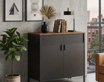 Aparador industrial con doble puerta, armario de cocina metálico para comedor y sala de estar.