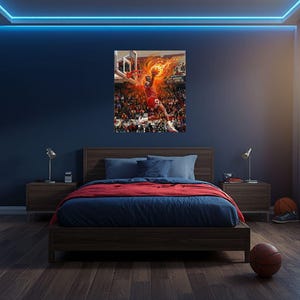 May include: A rectangular wall art print featuring a dynamic basketball player in a red uniform performing a slam dunk. The player is surrounded by vibrant orange and yellow flames, set against a crowded stadium background with a basketball hoop.