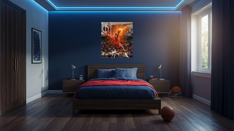 May include: A rectangular wall art print featuring a dynamic basketball player in a red uniform performing a slam dunk. The player is surrounded by vibrant orange and yellow flames, set against a crowded stadium background with a basketball hoop.