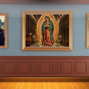 May include: Three framed wall art prints displayed on a blue wall with brown wainscoting. The left print shows a woman wearing a red bandana, the center print depicts the Virgin of Guadalupe, and the right print shows an ice cream truck scene.