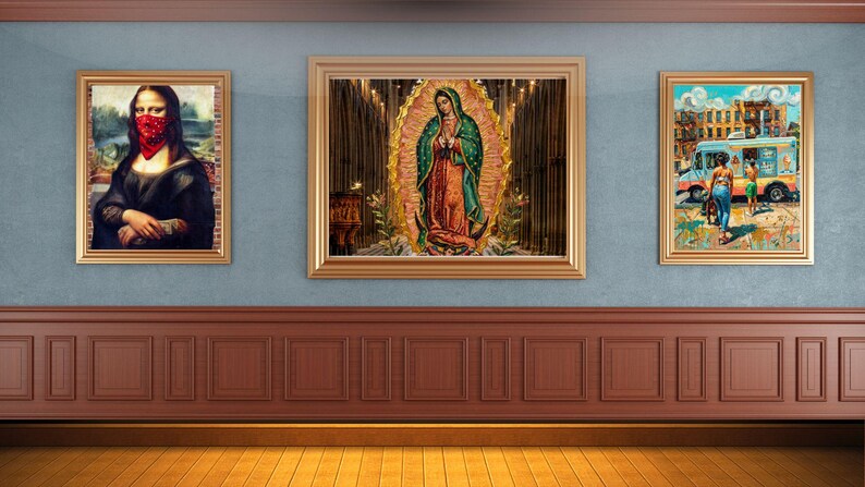 May include: Three framed wall art prints displayed on a blue wall with brown wainscoting. The left print shows a woman wearing a red bandana, the center print depicts the Virgin of Guadalupe, and the right print shows an ice cream truck scene.