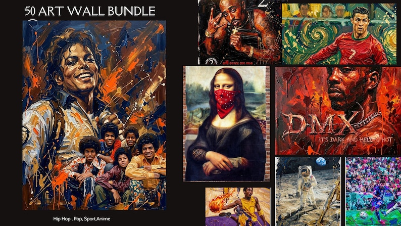 May include: A digital collection titled 50 ART WALL BUNDLE featuring various artistic portraits and scenes. The images include Michael Jackson, Tupac Shakur, Cristiano Ronaldo, the Mona Lisa with a red bandana, DMX, an astronaut, and sports figures.
