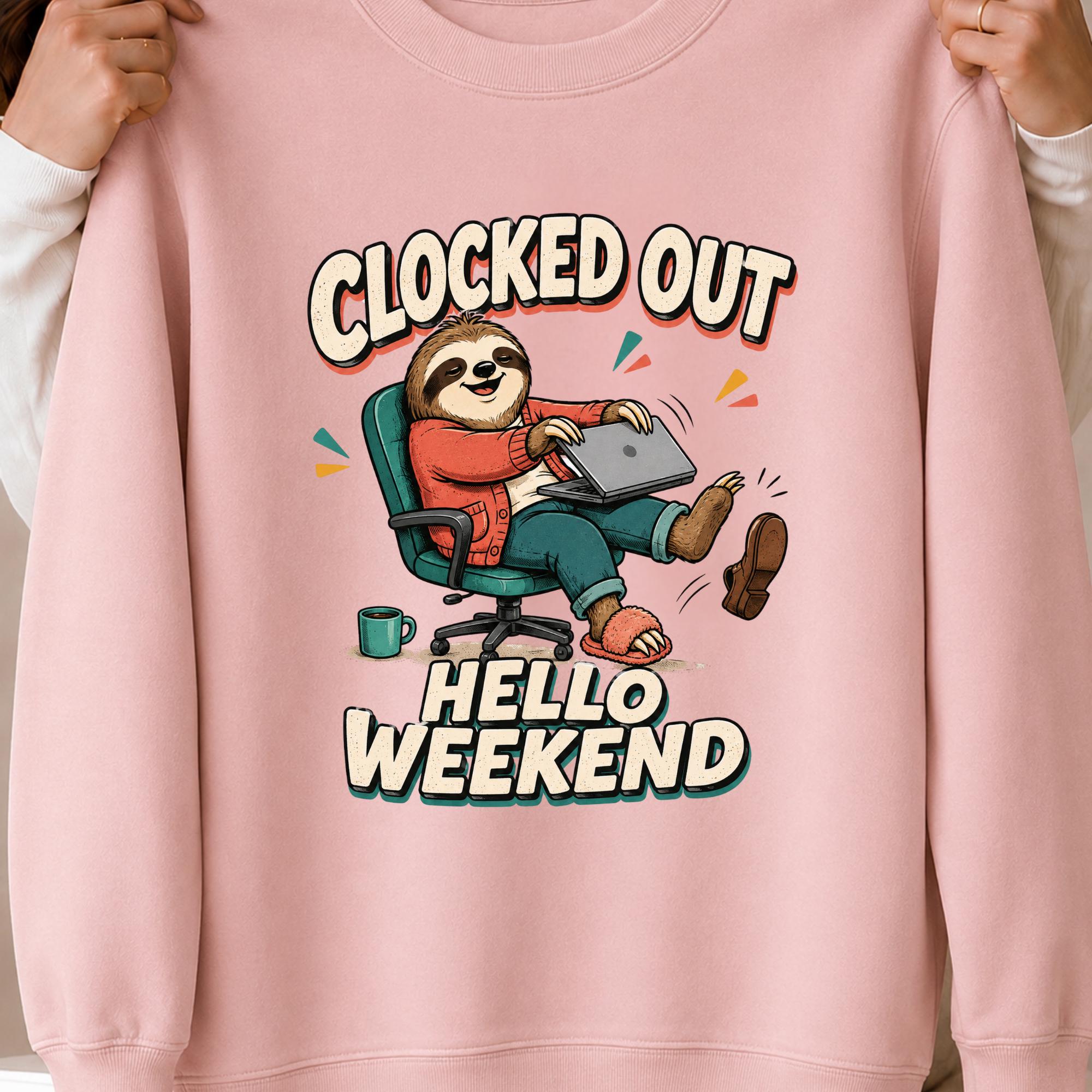 Puede incluir: Una sudadera de cuello redondo rosa claro con un gráfico de un perezoso sentado en una silla de oficina verde, vistiendo un cárdigan rojo y pantalones azules, sosteniendo una computadora portátil. El texto dice CLOCKED OUT HELLO WEEKEND con una taza.