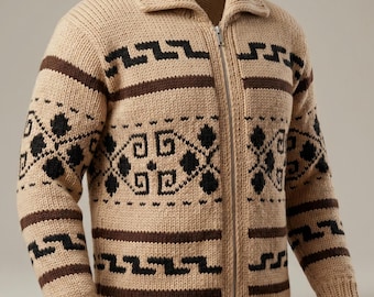 Big Lebowski Cardigan Dude Sweater Cowichan Style Wool Cardigan Mens Chunky Knit Sweater Handmade Vintage Western Cardigan Gift for Him