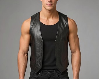 Handmade Sheepskin Leather Vest Mens Vintage Open Front Leather Vest Real Leather Waistcoat Gift for Him Biker Western Rustic Style Vest