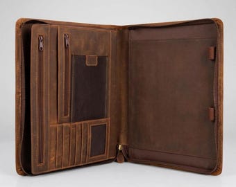 Carpeta portafolio de cuero tamaño A4, organizador de documentos con cremallera, hecho a mano.