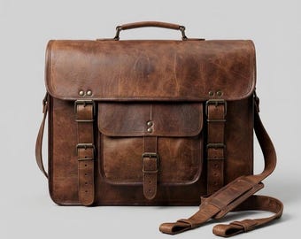 Leren boekentas Vintage leren heren schoudertas handgemaakte crossbody laptoptas