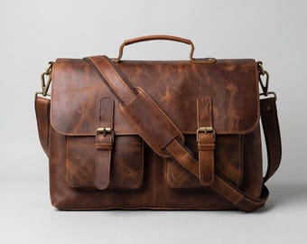 Bolso bandolera de piel de búfalo hecho a mano: bolso de estilo vintage para portátil, maletín de oficina.