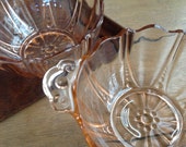 Pink Depression Glass Oyster pattern Bowls Set of 2 Shabby Bowls with Scalloped Handles and Circle Details