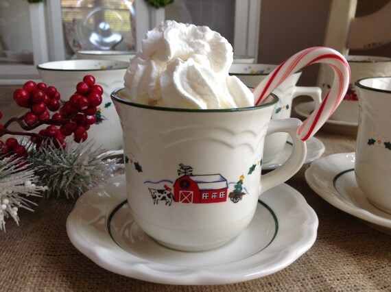 Snow Village By Pfaltzgraff Set Of 7 Cups And Saucers Red Barn Etsy