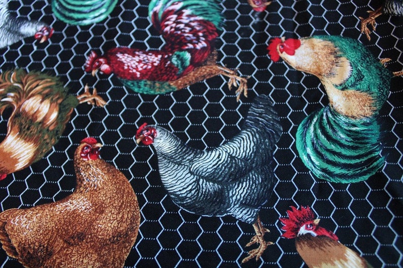 Chicken Fabric 42 By 62 Black Background With White Chicken Wire And Color Chickens And Roosters Fabric By Traditions Fabrics