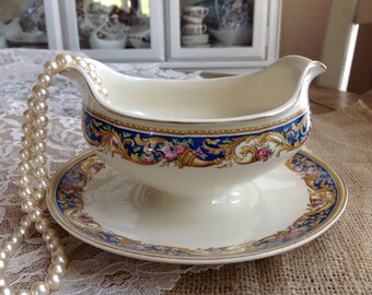 J&G Meakin SOl Gravy Boat with Attached Underplate Blue band Gold Cornucopia and Pink Click on MORE for details