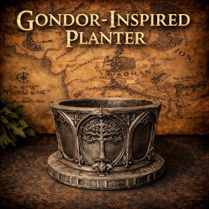 May include: A gray planter with a detailed design, featuring a tree emblem and the text "GONDOR-INSPIRED PLANTER." The planter has a round base and is set against a map background, evoking a fantasy theme.