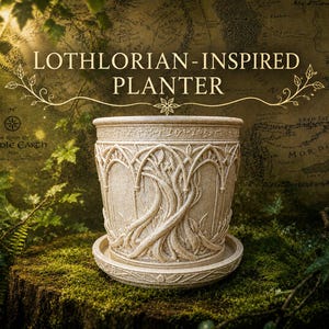 Könnte beinhalten: Ein beigefarbener, zylindrischer Pflanztopf mit passendem Untersetzer, verziert mit detaillierten Reliefs aus verschlungenen Ästen und elfenartiger Schrift am Rand. Der Text LOTHLORIAN-INSPIRED PLANTER steht über dem Objekt.