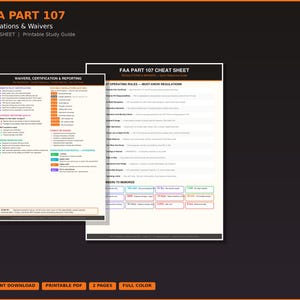 May include: A printable study guide titled "FAA PART 107 Regulations & Waivers Cheat Sheet." The guide includes information on waivers, certification, reporting, and operating rules. The document is available as an instant download in a printable PDF format, 2 pages, full colour.