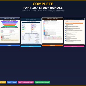 May include: A complete Part 107 study bundle with four cheat sheets. The bundle includes information on airspace, weather, regulations, and a practice test. The text reads "Save 35%+ vs Buying Separately."