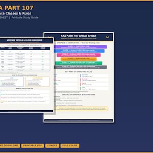 May include: A printable study guide for FAA Part 107, covering airspace classes and rules. The cheat sheet includes detailed information on cloud clearance, visibility, and airspace classification. The guide is available as an instant download in PDF format.
