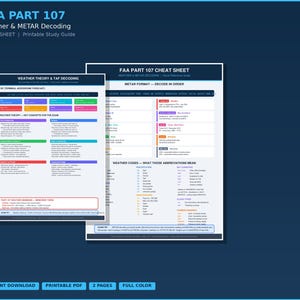 May include: A printable study guide for FAA Part 107, covering weather and METAR decoding. The cheat sheet includes weather theory, TAF decoding, and METAR format information. The guide is in full colour and available for instant download.