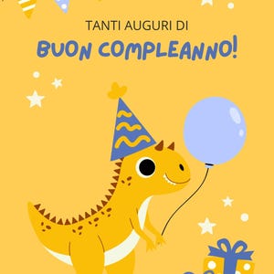 Biglietto di Compleanno Bambini/ Dinosauro con Tanti Auguri/ 5 colori differenti inclusi/ File digitali PDF
