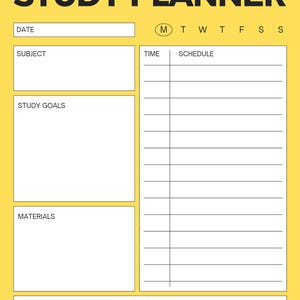 Può includere: Un pianificatore di studio giallo con le parole "STUDY PLANNER" in grassetto nero in alto. Il pianificatore include sezioni per data, argomento, obiettivi di studio, materiali e un programma con fasce orarie. I giorni della settimana sono elencati.