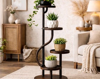 Handcrafted Tiered Wooden Plant Stand, Rustic Indoor Flower Pot Display Rack