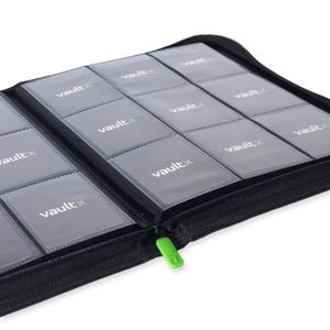 May include: A black zippered trading card binder featuring multiple clear plastic pockets arranged in a grid. Each pocket contains a grey insert with the white and green VaultX logo printed on it. The binder has a bright green zipper pull.