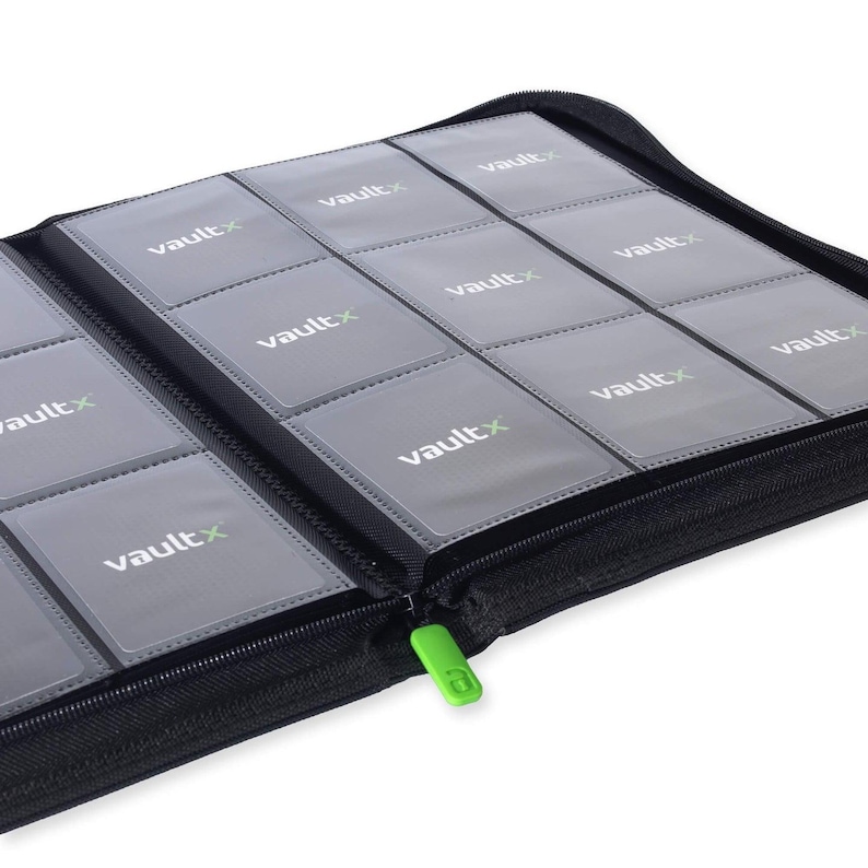 May include: A black zippered trading card binder featuring multiple clear plastic pockets arranged in a grid. Each pocket contains a grey insert with the white and green VaultX logo printed on it. The binder has a bright green zipper pull.