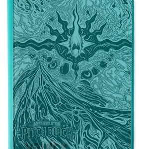 May include: A rectangular teal binder featuring a dark teal graphic illustration of swirling abstract patterns and a central star-like emblem. The text "MEGA EVOLUTION" and "PITCH BLACK" is printed in the lower section above the word "VAULTX".