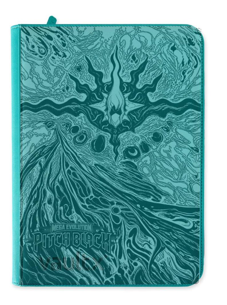 May include: A rectangular teal binder featuring a dark teal graphic illustration of swirling abstract patterns and a central star-like emblem. The text "MEGA EVOLUTION" and "PITCH BLACK" is printed in the lower section above the word "VAULTX".