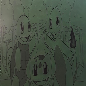 Könnte beinhalten: Grünes Accessoire mit einer Waldszene, die Squirtle, Bulbasaur und Charmander zeigt. Die Charaktere sind in dunklerem Grün umrandet, vor einem Waldhintergrund.