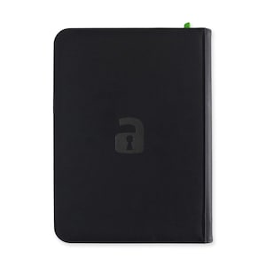 May include: A rectangular black portfolio case with rounded corners and a textured surface. A dark gray icon of an unlocked padlock is centered on the front cover. A small bright green tab is visible at the top edge of the spine.