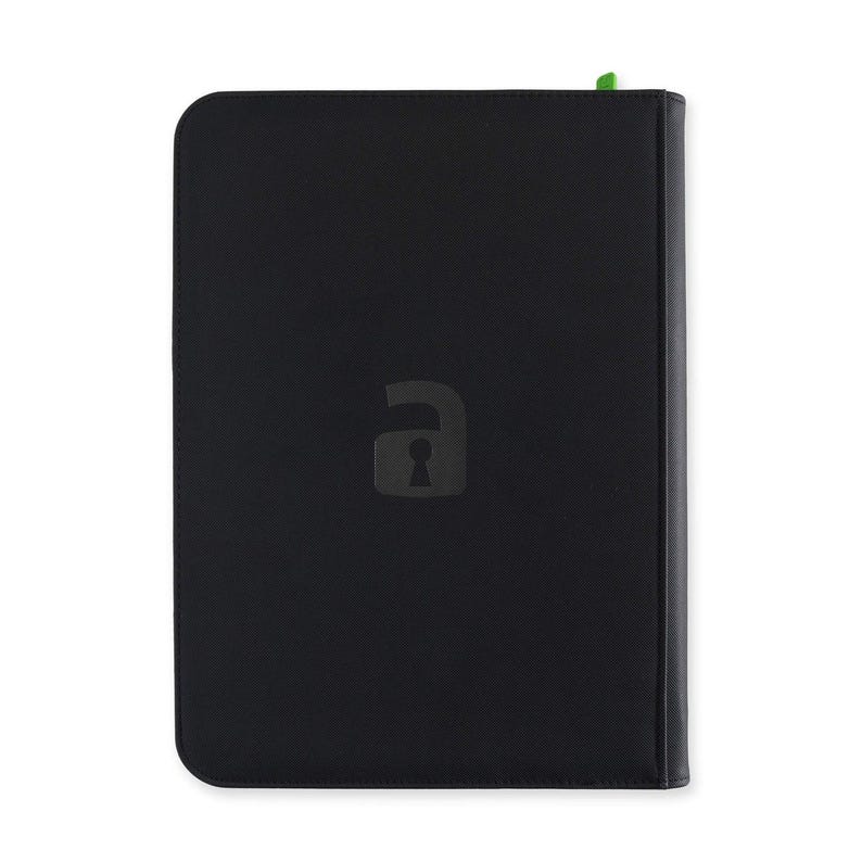 May include: A rectangular black portfolio case with rounded corners and a textured surface. A dark gray icon of an unlocked padlock is centered on the front cover. A small bright green tab is visible at the top edge of the spine.